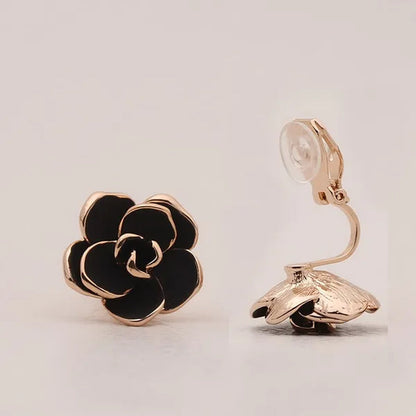 2PCS Women Gold Plated Black Rose Flower Clip on Earrings Non-pierced Jewelry