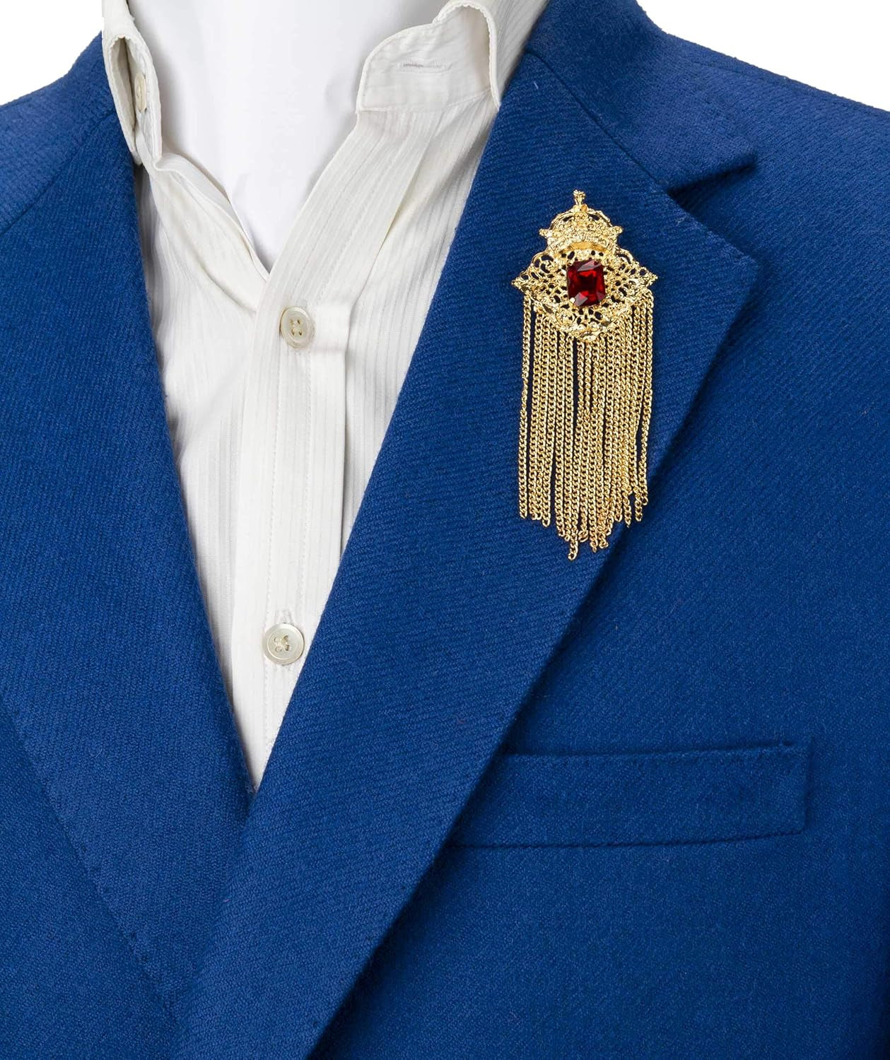 Brooch Pin Crowned Deep Red Stone with Abstract Work and Hanging Chain Lapel Pin Accessories for Men Women