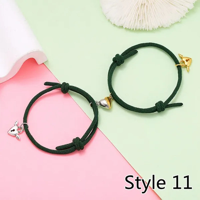 2Pcs Magnetic Bracelet Stainless Steel Heart Pendant Charm Couple Bracelets for Lover Friend Men Women Braid Rope Bracelets