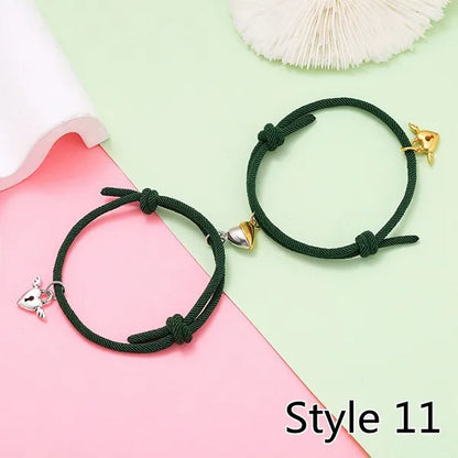 2Pcs Magnetic Bracelet Stainless Steel Heart Pendant Charm Couple Bracelets for Lover Friend Men Women Braid Rope Bracelets