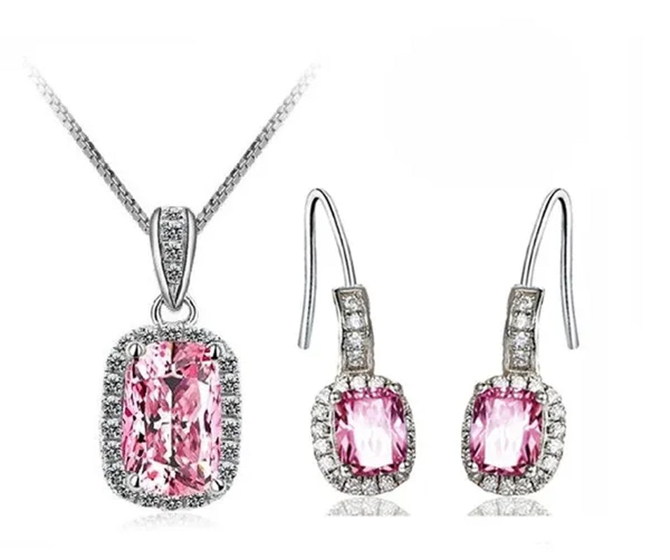 18K White Gold GP AAA CZ Zircon Citrine Pendant Necklace Earrings Princess Cut Drop Earring Jewellery Set