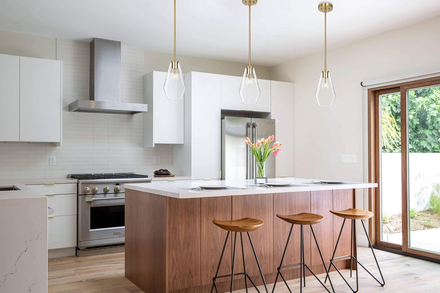 Brass Pendant Lights Ktichen Island, Modern Farmhouse Dining Room Light Fixtures over Table Brushed Brass Glass Kitchen Hanging Lights for Bedroom,Bar,Sink XB-P1228-BS