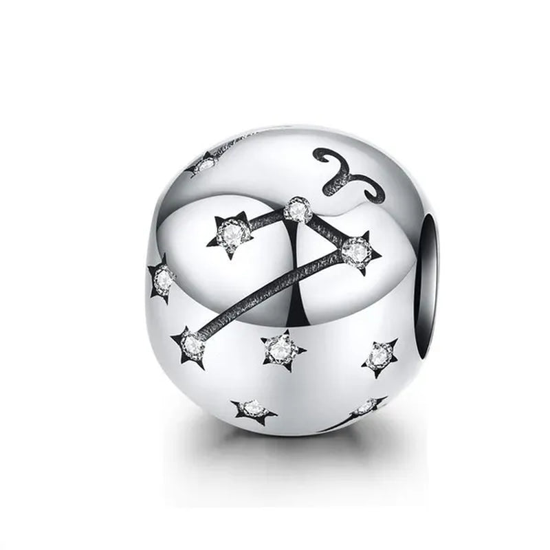 European Hot 12 Constellation Zodiac round 925 Sterling Silver Beads Charm for Women Bracelet Shining CZ Charm Fit Original Bangle Necklace DIY Jewelry Making