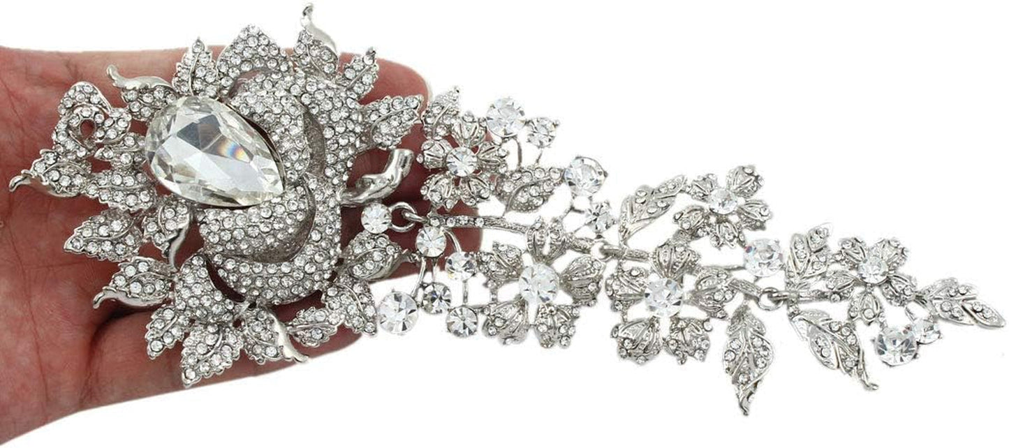 Rhinestone Crystal 8 Inch Elegant Bridal Rose Flower Bud Brooch Clear Silver-Tone