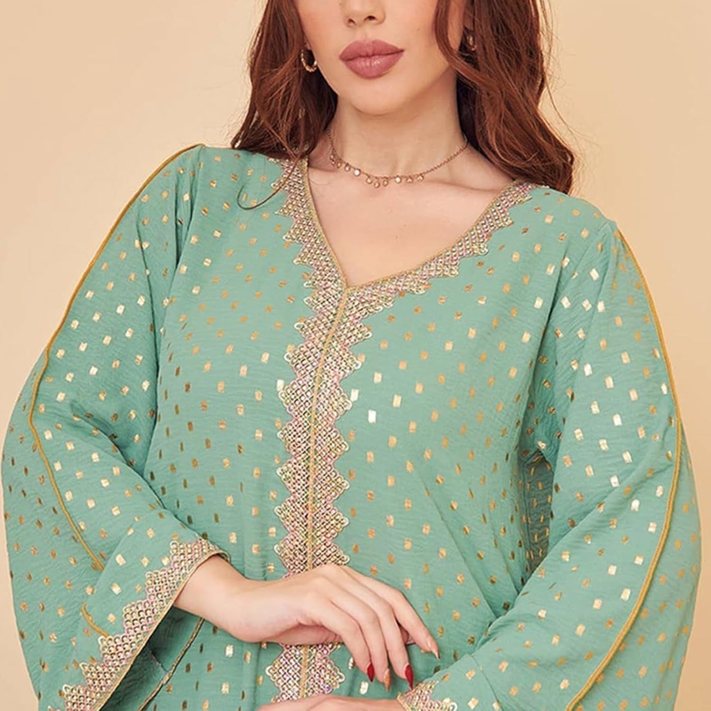 Women'S Muslim Abaya Dress V Neck Bronzing Long Sleeves Elegant Prayer Wear Daily Casual Dress