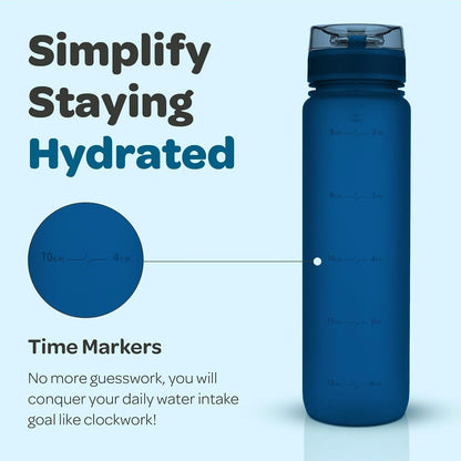 Water Bottle with Time Marker -Large BPA Free Water Bottle & No Sweat Sleeve -Leak Proof Gym Bottle with Fruit Infuser Strainer & Times to Drink -Ideal for Fitness Sports & Outdoors
