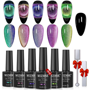 9D Cat Eye Gel Nail Polish, Magnetic Cat Eye Gel Polish Set, 10Ml*6 with 2 Magnets, Classic Colors Chameleon Magic Galaxy Effect Soak off Nail Art - Sparkle Stunning Gel Polish Gift for Women