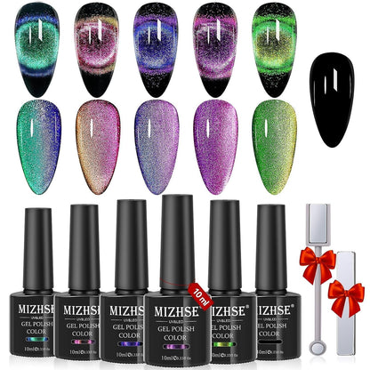 9D Cat Eye Gel Nail Polish, Magnetic Cat Eye Gel Polish Set, 10Ml*6 with 2 Magnets, Classic Colors Chameleon Magic Galaxy Effect Soak off Nail Art - Sparkle Stunning Gel Polish Gift for Women