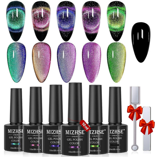 9D Cat Eye Gel Nail Polish, Magnetic Cat Eye Gel Polish Set, 10Ml*6 with 2 Magnets, Classic Colors Chameleon Magic Galaxy Effect Soak off Nail Art - Sparkle Stunning Gel Polish Gift for Women