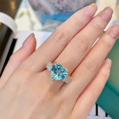 Exquisite Silver-Plated Natural Sapphire Ring Luxury Fashion Square Diamond Embellished Heart Shaped Gemstone Ring Wedding Anniversary Romantic Anniversary Gift Handmade Jewelry Index Finger Ring - WORLD TIME VISITS