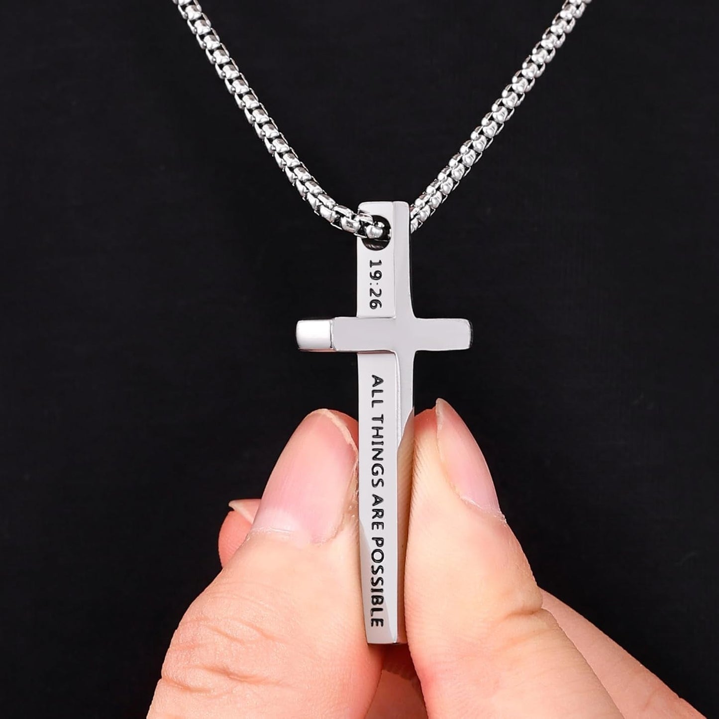 Cross Necklace for Men, Inspirational Bible Verse Cross Chain for Men, Stainless Steel Box Necklace, Religious Christian Jewelry Gift