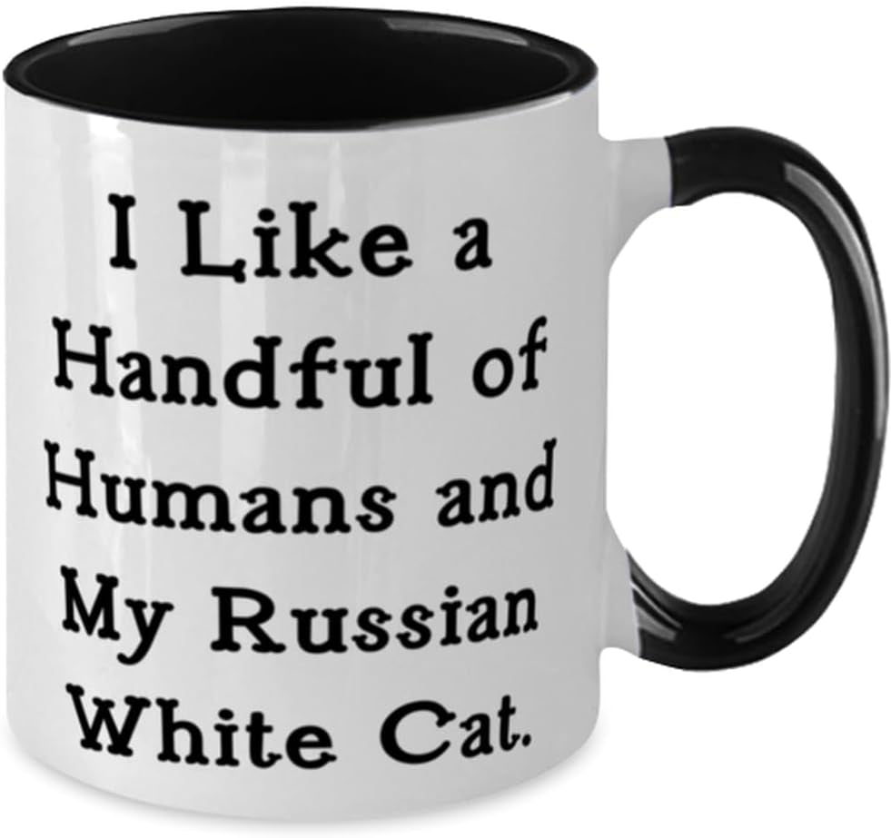 I like a Handful of Humans and My Russian White. Two Tone 11Oz Mug, Russian White Cat Present from Friends, Epic Cup for Friends, Russian Blue Cat Gifts, White Cat Russian Souvenirs, Russian White Cat