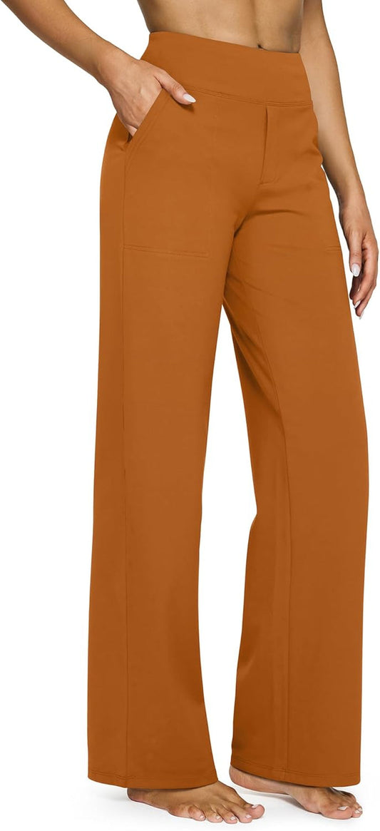 Yoga Pants Women Wide Leg Pants with Pockets High Waist Stretch Dress Casual Sweatpants Petite/Regular/Tall - WORLD TIME VISITS