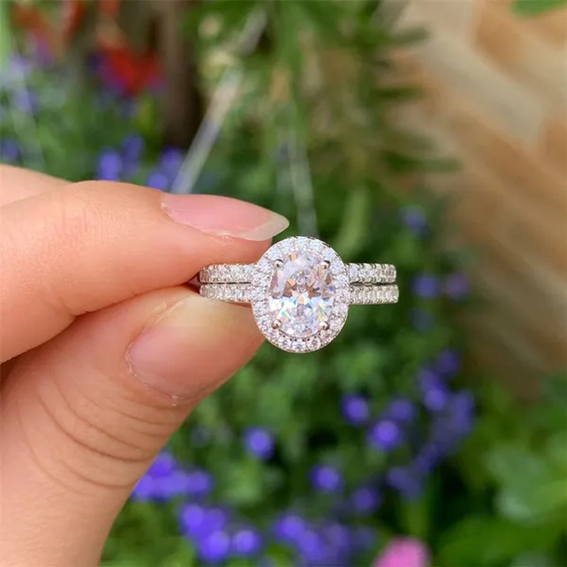 Newshe Halo Oval Cut AAAAA Cubic Zircons Trendy Jewelry Wedding Engagement Ring Set For Women Solid 925 Sterling Silver Sz 4-13