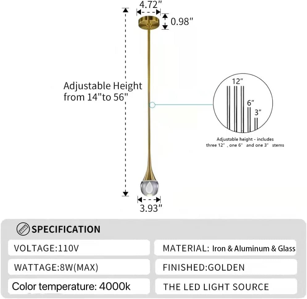 Pendant Light Fixtures 1-Light Mini Pendant Lighting for Kitchen，Gold Globe Pendant LED Light Fixture，Teardrop Crystal Pendant Light for Bedroom Dining Room Bar