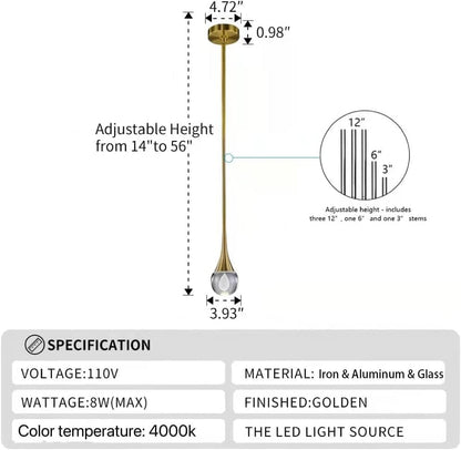 Pendant Light Fixtures 1-Light Mini Pendant Lighting for Kitchen，Gold Globe Pendant LED Light Fixture，Teardrop Crystal Pendant Light for Bedroom Dining Room Bar