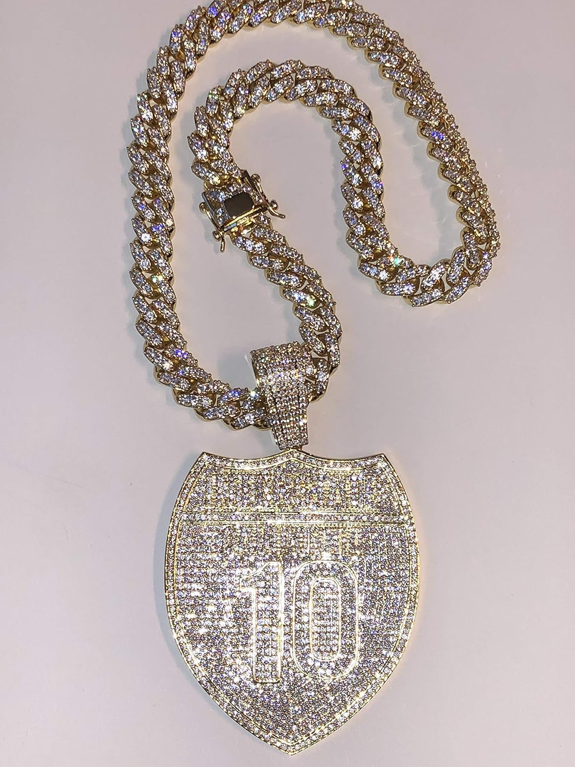 Mens 14K Gold Finish 13Mm Miami Cuban Link Chain Choker Freeway I10 Street California Necklace Iced Prong Set Cuban Chain for Men, Miami Cuban Link Chain Choker Necklace (18" Chain & Pendant)