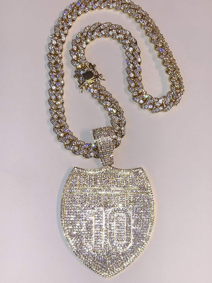 Mens 14K Gold Finish 13Mm Miami Cuban Link Chain Choker Freeway I10 Street California Necklace Iced Prong Set Cuban Chain for Men, Miami Cuban Link Chain Choker Necklace (18" Chain & Pendant)