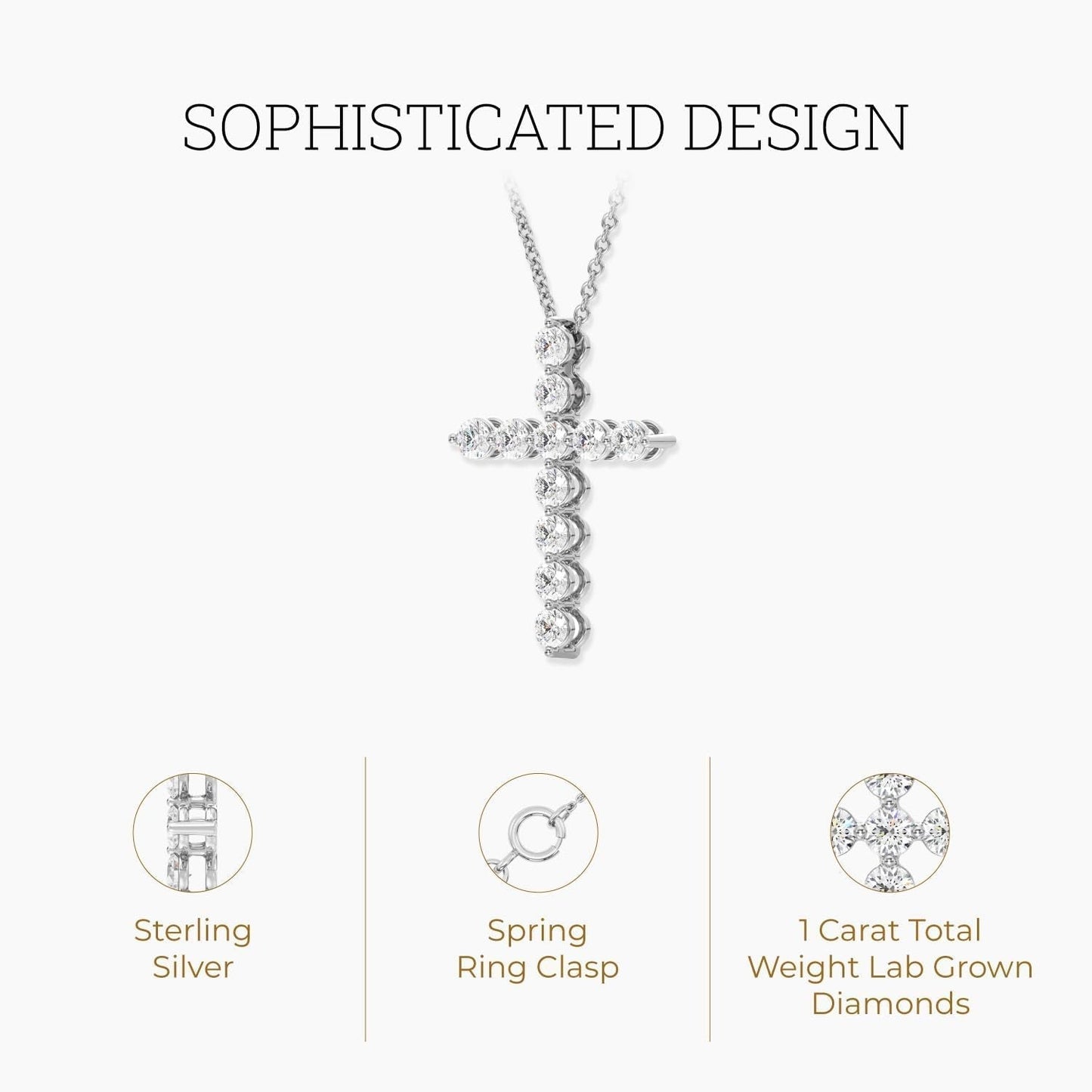 1 Ct. T.W. Lab Grown Diamond (SI1 Clarity, F Color) and Sterling Silver & 14KT Gold Plated Silver Cross Pendant with an 18 Inch Spring Ring Clasp Cable Chain - WORLD TIME VISITS