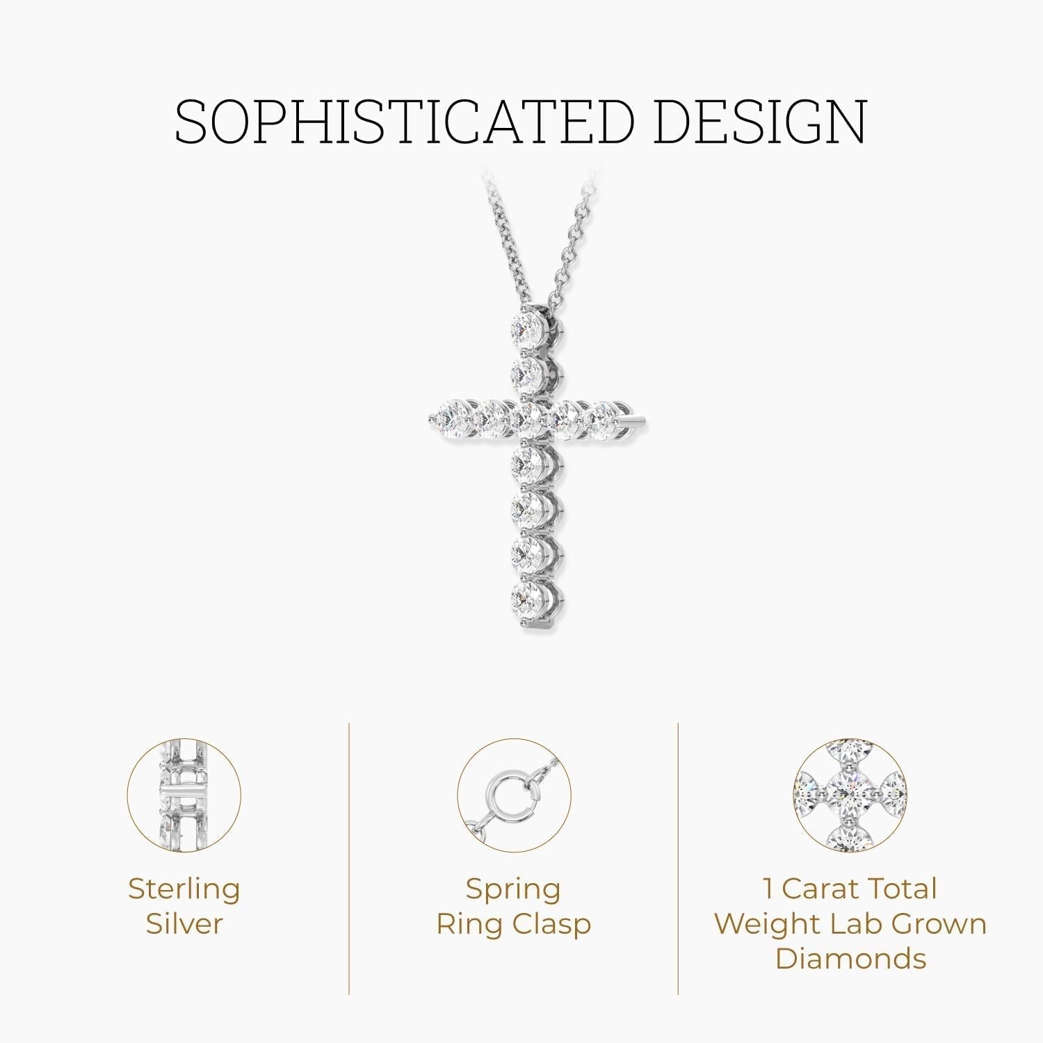 1 Ct. T.W. Lab Grown Diamond (SI1 Clarity, F Color) and Sterling Silver & 14KT Gold Plated Silver Cross Pendant with an 18 Inch Spring Ring Clasp Cable Chain - WORLD TIME VISITS