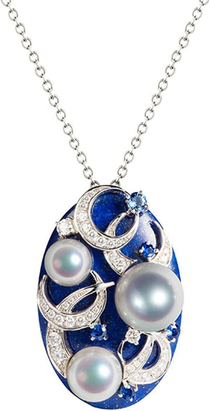 18K Gold Necklaces for Women Womens Necklaces Diamond 0.7Ct Moon Lapis Lazuli round Pearl Pendant Necklaces Silver