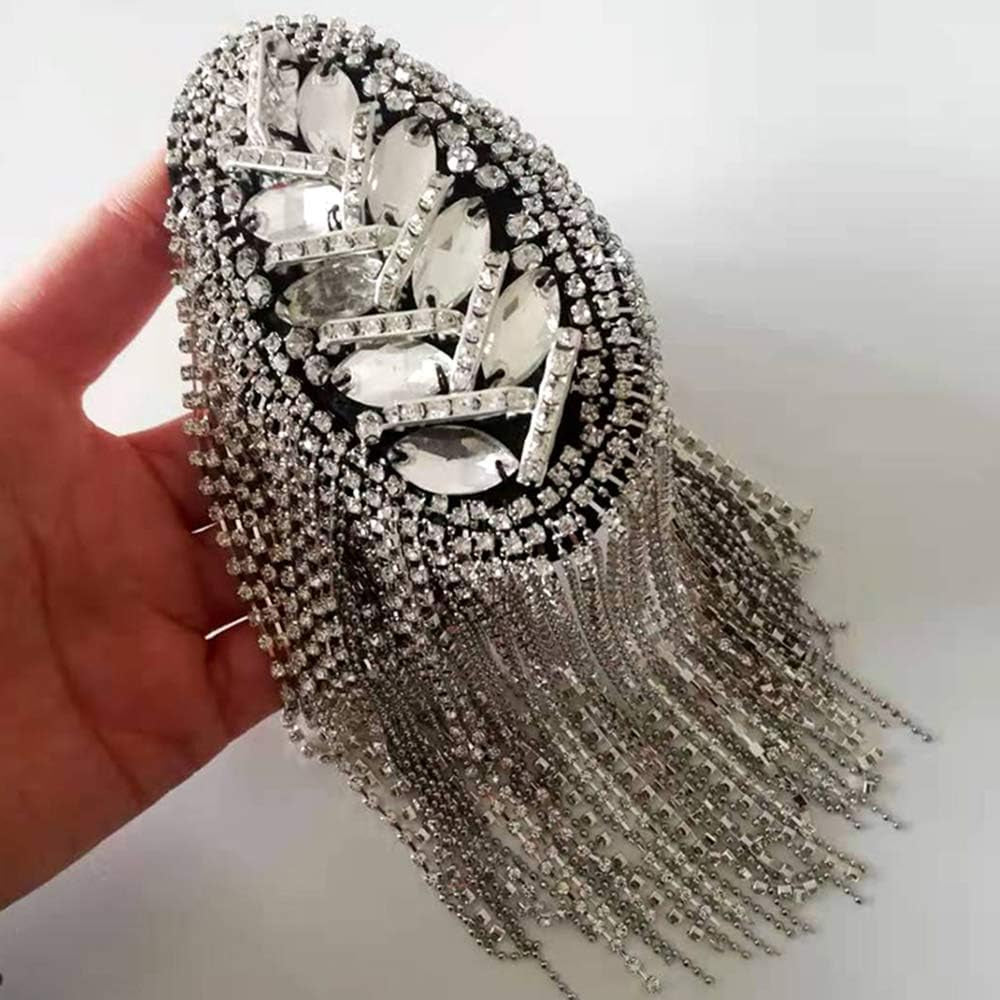 2Pcs Rhinestone Tassel Shoulder Epaulet Spike Chain Shoulder Badge Brooch Pins for Man Woman