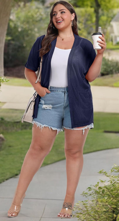 plus Size Lightweight Cardigan for Women Summer Sheer Short Sleeve Cardigan with Pockets Beach Cover Up