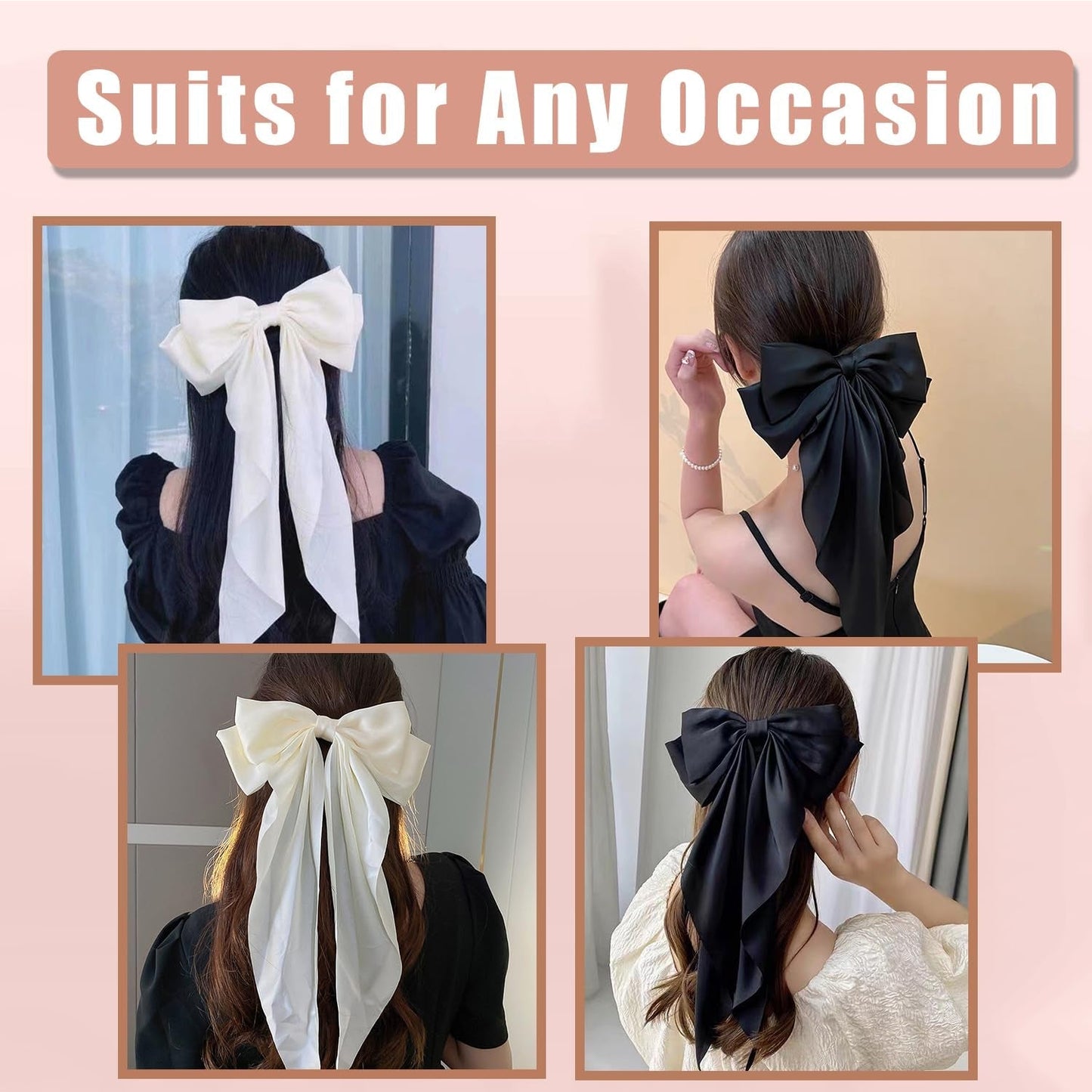 Hair Bows 2 PCS Ribbon Bow for Women and Girls, Oversized Long-Tail Cute Aesthetic, Large Hair Barrettes (Black White)