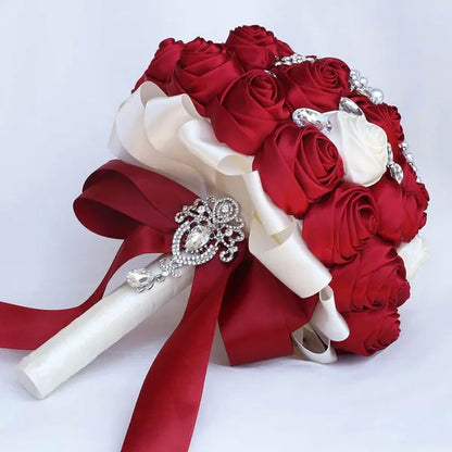 Exquisitely Handmade Ribbon Diamond Bridesmaids Holding Flowers 21CM Pearl Rhinestone Brooch Bridal Bouquet Artificial Silk Rose Wedding Flower Bouquet