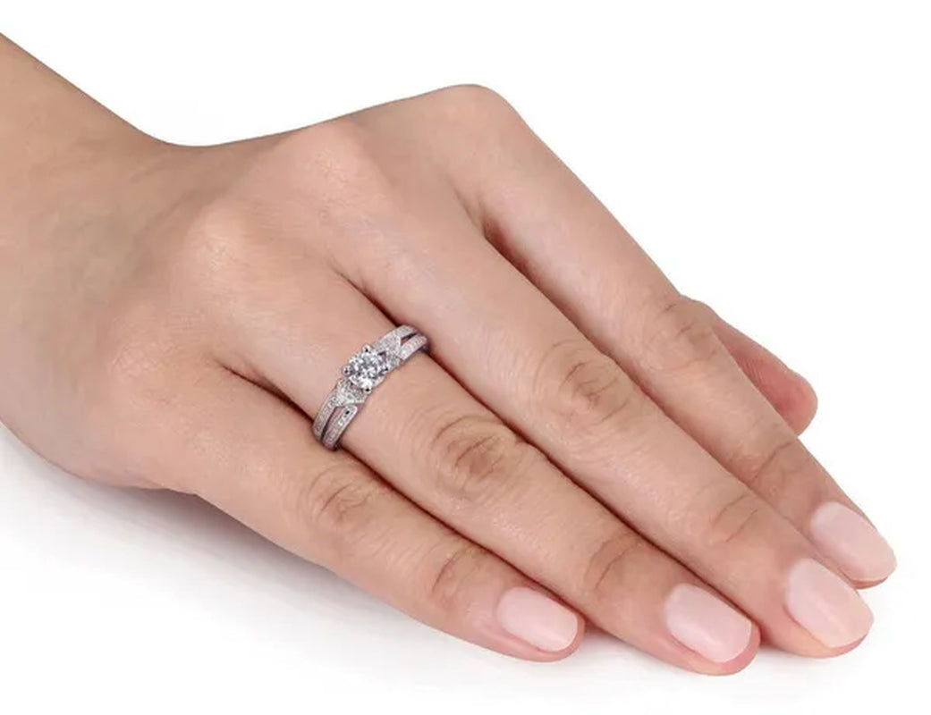 2/3 Carat (ctw) Lab-Created White Sapphire Ring with Diamonds in Sterling Silver