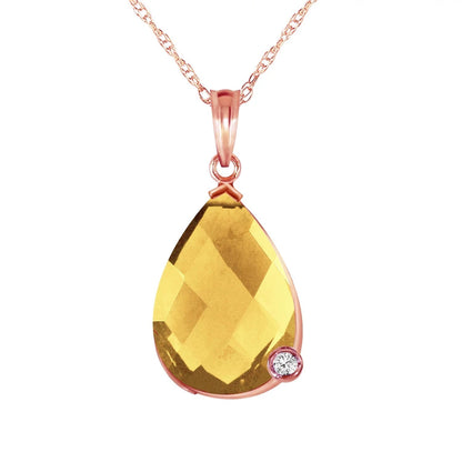 5.04 Carat 14K 16" Solid Rose Gold Necklace with Natural Briolette Checkerboard Cut Citrine and Diamond Pendant