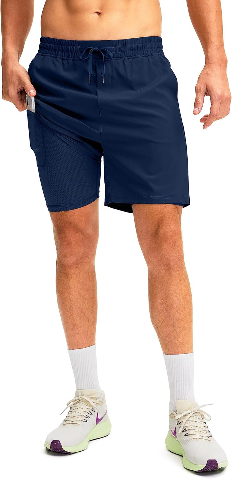 Men'S 2 in 1 Running Shorts with Liner 7 Inch Training Gym Athletic Workout Shorts for Men with Zipper Pockets