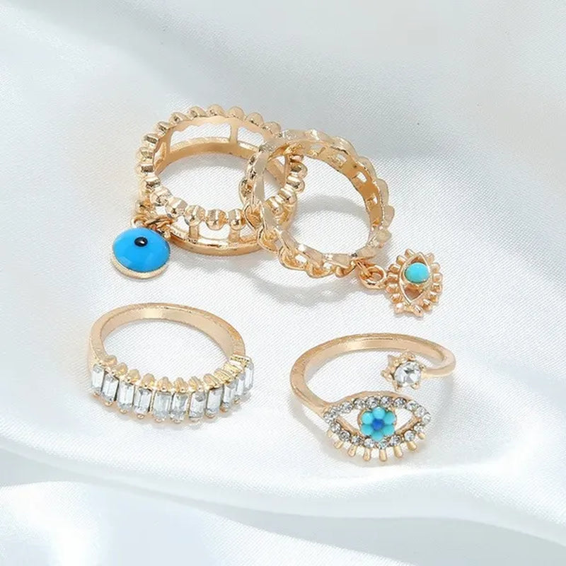 4 Pcs/Sets New Fashion Diamond Set Hollow Ring Vintage Evil Eye Finger Ring for Girl Women Jewelry Accessories