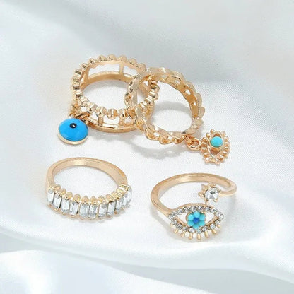 4 Pcs/Sets New Fashion Diamond Set Hollow Ring Vintage Evil Eye Finger Ring for Girl Women Jewelry Accessories