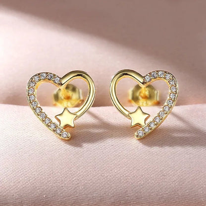 14K Gold Love Heart Star White Zircon Stud Earrings for Women Wedding Engagement Bride Jewelry Gift