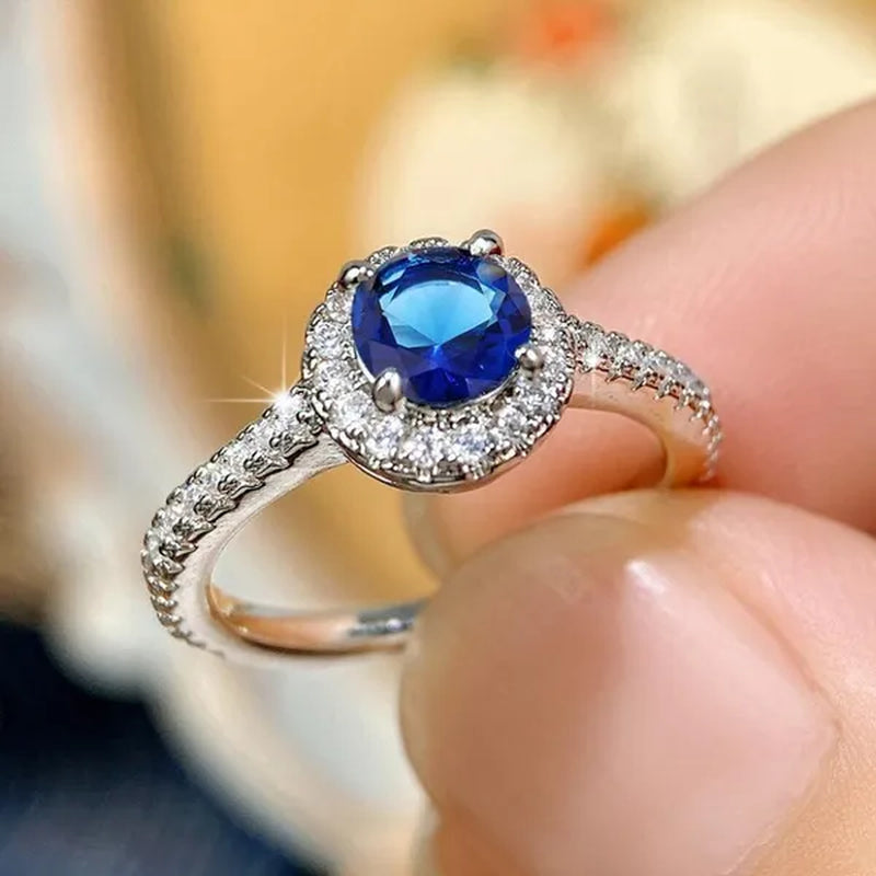 Bridal Engagement Rings Proposal Gift Blue Sapphire Cubic Zirconia Rings for Women Wedding Ring Accessories - WORLD TIME VISITS
