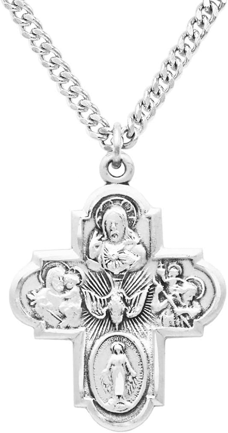Rosemarie'S Religious Gifts Sterling Silver Traditional Catholic Four Way Cross Medal Pendant Necklace, 24" - WORLD TIME VISITS
