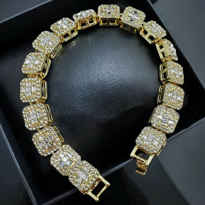 Hip Hop Gold Silver Iced Lab Diamond Baguette Stone Chain Fashion Bracelet
