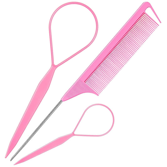 Hair Styling Tool Set - 3 Pcs French Braid Tool, Rat Tail Comb, and Metal Braiding Pin in Pink