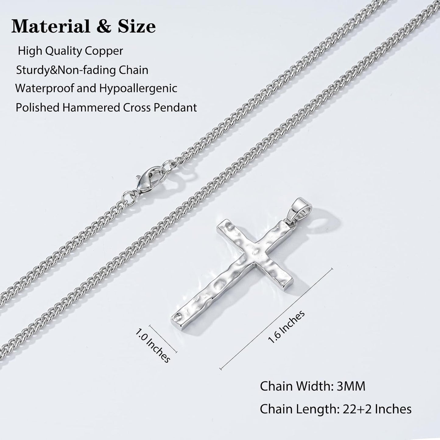 Cross Necklace for Men Boys - Hammered Cross Pendant with Cuban Chain Unique Crucifix Necklaces Christmas Christian Religious Jewelry Gifts 22+2 Inches