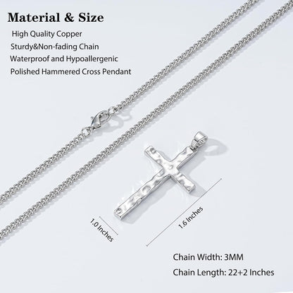 Cross Necklace for Men Boys - Hammered Cross Pendant with Cuban Chain Unique Crucifix Necklaces Christmas Christian Religious Jewelry Gifts 22+2 Inches