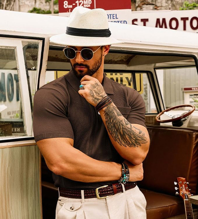 Men'S Knit Polo Shirts Short Sleeve Texture Lightweight Golf Shirts Sweater