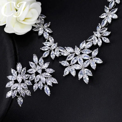 CANDICE High Quality White Gold Plated Wedding Jewelry Set Pave Luxury CZ Stone African Nigerian Big Flower Dangle Earrings Necklace for Bride