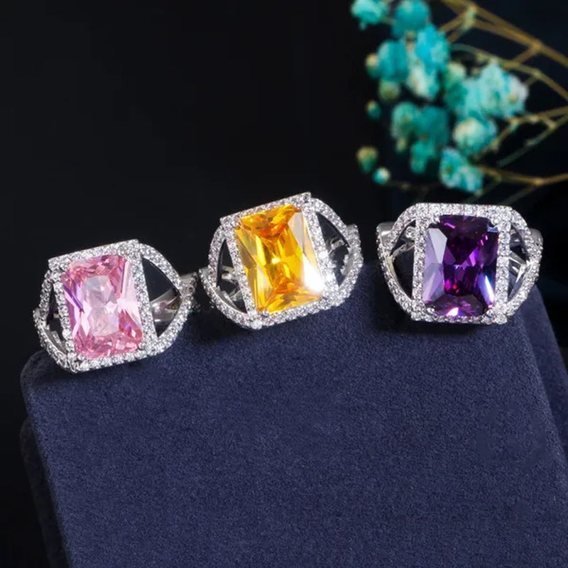 Gloriya Elegant Purple CZ Square Pendant Chain Necklace Earrings and Ring Set Women Fashion Silver Plated Jewellery Sets for Best Gifts