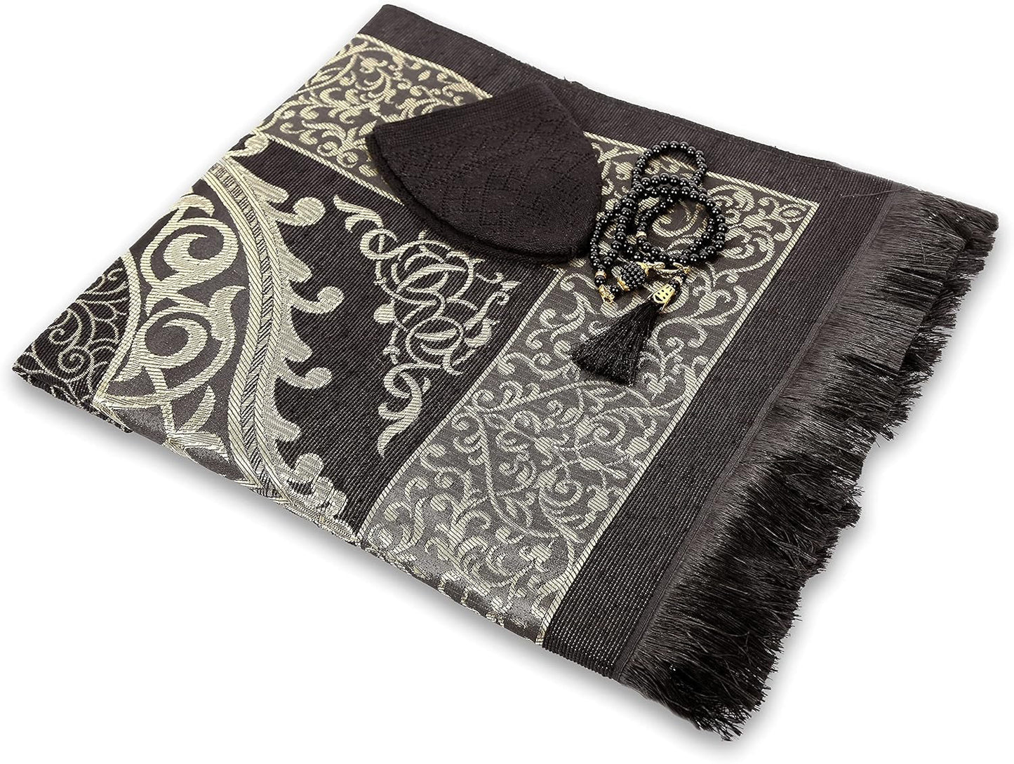 Muslim Prayer Rug Prayer Beads Kufi Hat for Men and Women 100% Breathable Black Skull Beanie Traditional Desing Prayer Mat Eid Ramadan Gifts Islamic Set Salah Mat Taffeta Fabric Soft (Black)