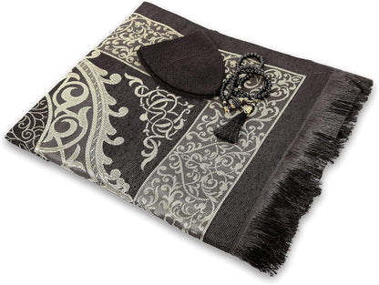 Muslim Prayer Rug Prayer Beads Kufi Hat for Men and Women 100% Breathable Black Skull Beanie Traditional Desing Prayer Mat Eid Ramadan Gifts Islamic Set Salah Mat Taffeta Fabric Soft (Black)