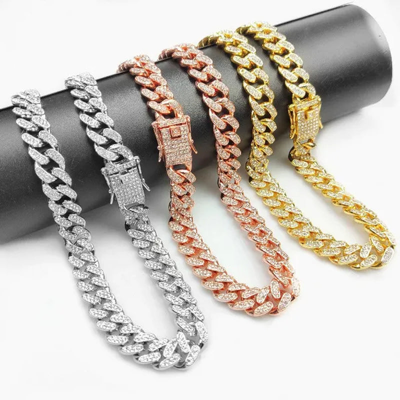 Men's Hip Hop Iced Out Paved Rhinestones 13MM Gold/Silver/Rose Gold Full Miami Curb Cuban Chain Bling Necklace Bracelet Set Jewelry Gifts