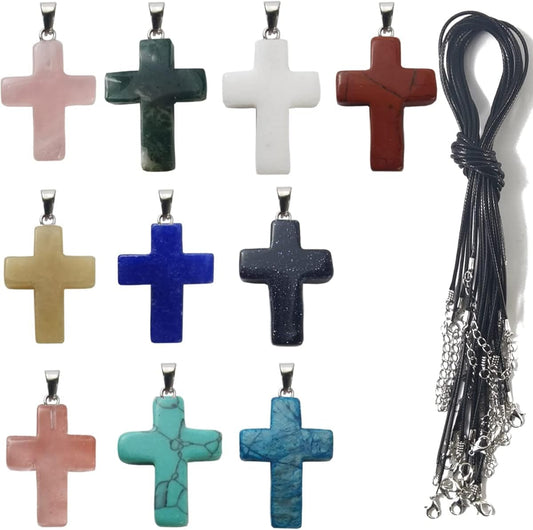 20Pcs/Set Cross Shape Stone Pendants with Leather Chain Chakra Beads Crystal Quartz Healing Charms for DIY Necklace Jewelry Making, Assorted Color - WORLD TIME VISITS