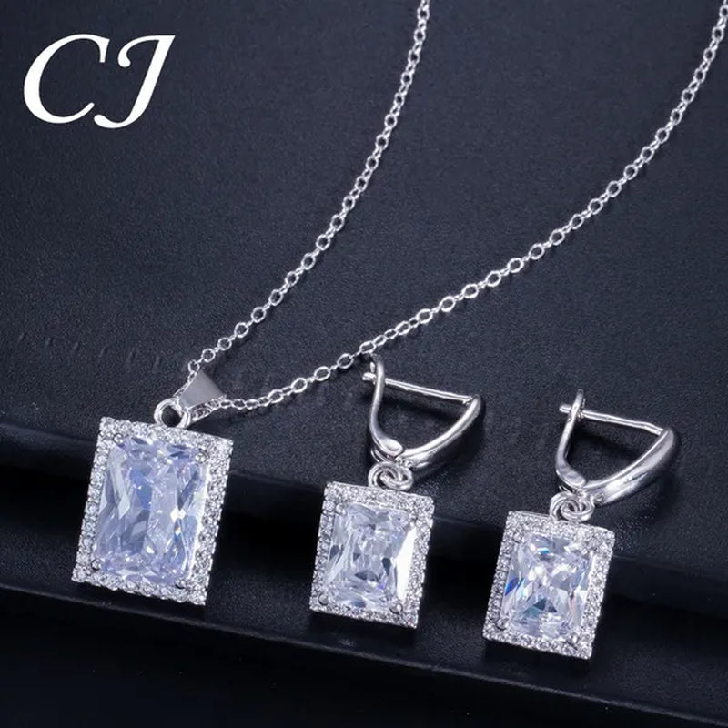 CANDICE Top Grade Bright Square Yellow Pave Sterling Silver Pendant Necklace Earrings and Ring with Tiny CZ Stone Jewelry 3 Pcs Sets for Women Dress Accessories