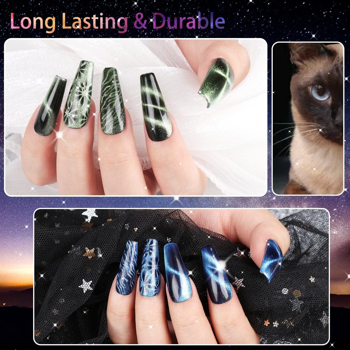 12 Colors Cat Eye Gel Nail Polish Set Not Black Magnetic Nail Polish Set Holographic Glitter 9D Galaxy Series Cat Eye Gel Polish Set with 2 Magnet Stick for Home DIY Soak off UV LED